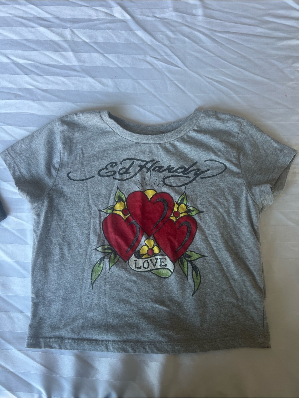 Ed Hardy Cropped Gray Tee with Red Heart Graphic - Love Design